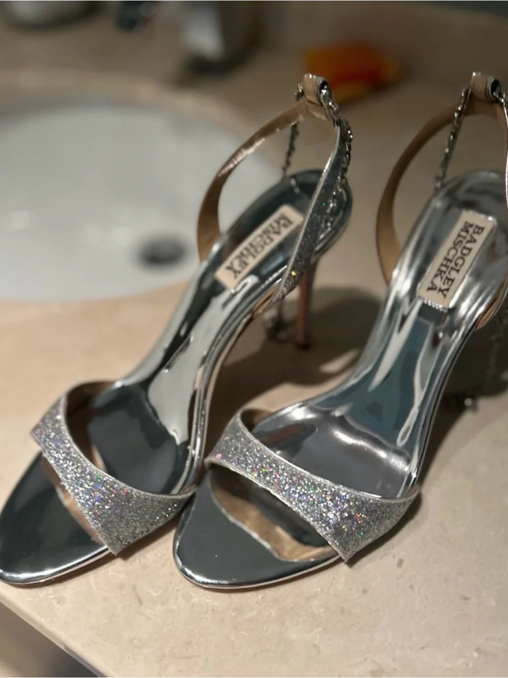 Badgley Mischka Silver Glitter Strap Slingback Heels